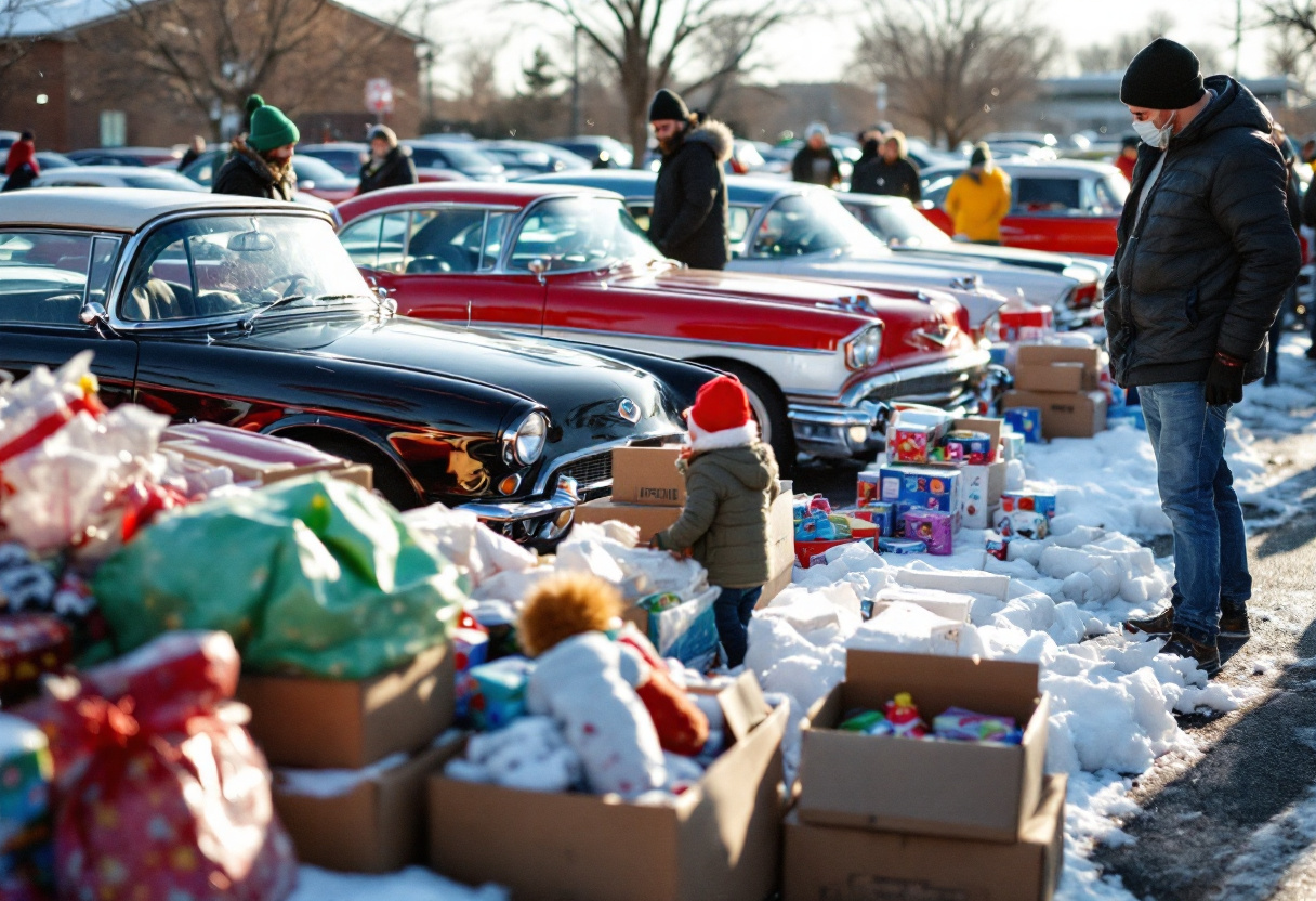 Photo - cars and a pile of donated toys at a holiday show