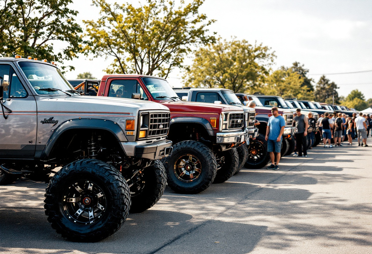 Photo - lifted trucks and Jeeps lined up at a show