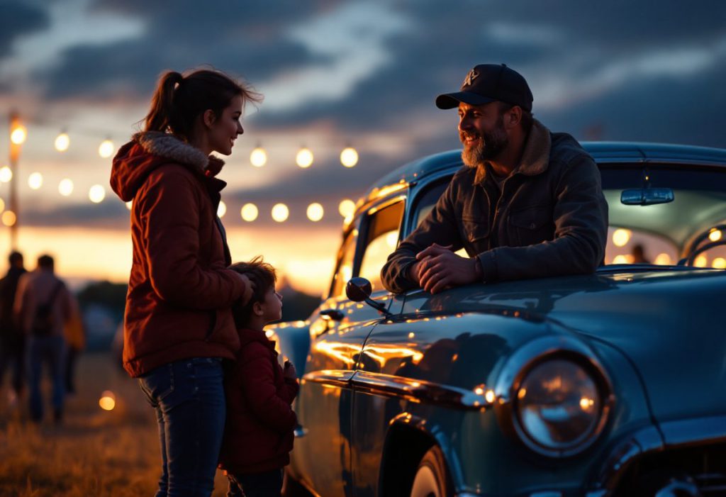 A family admiring a vintage car on a show field at dusk