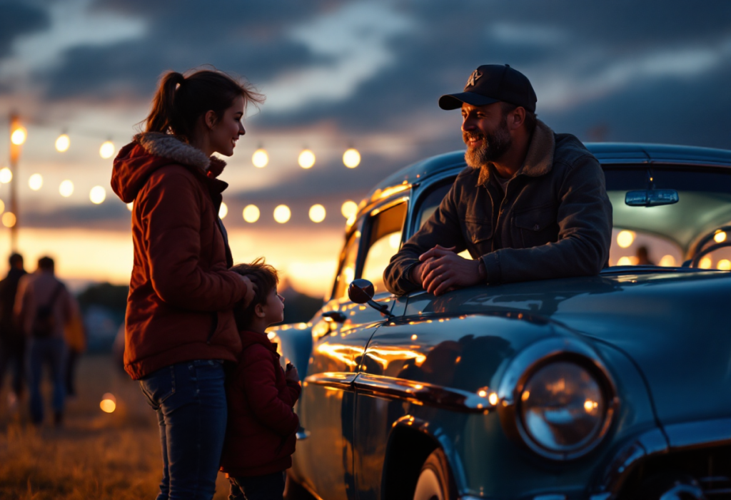 A family admiring a vintage car on a show field at dusk