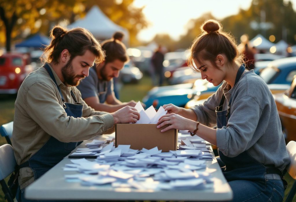 Volunteers sorting paper ballots at a folding table at a car show