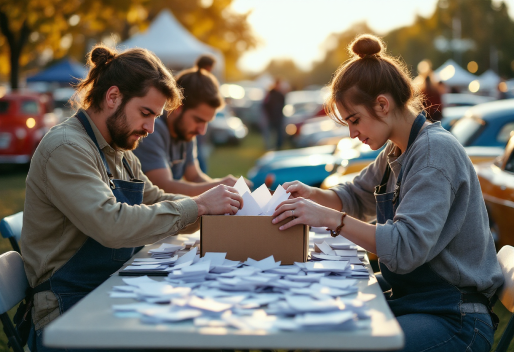 Volunteers sorting paper ballots at a folding table at a car show