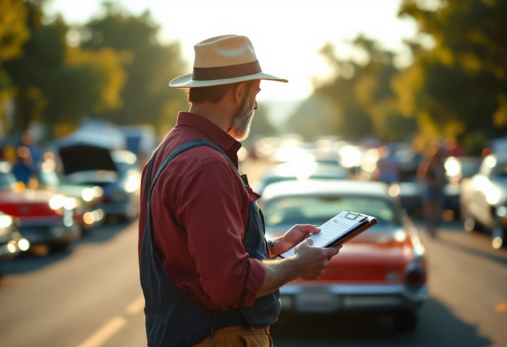 A judge working down a scoresheet beside a classic car at an outdoor show