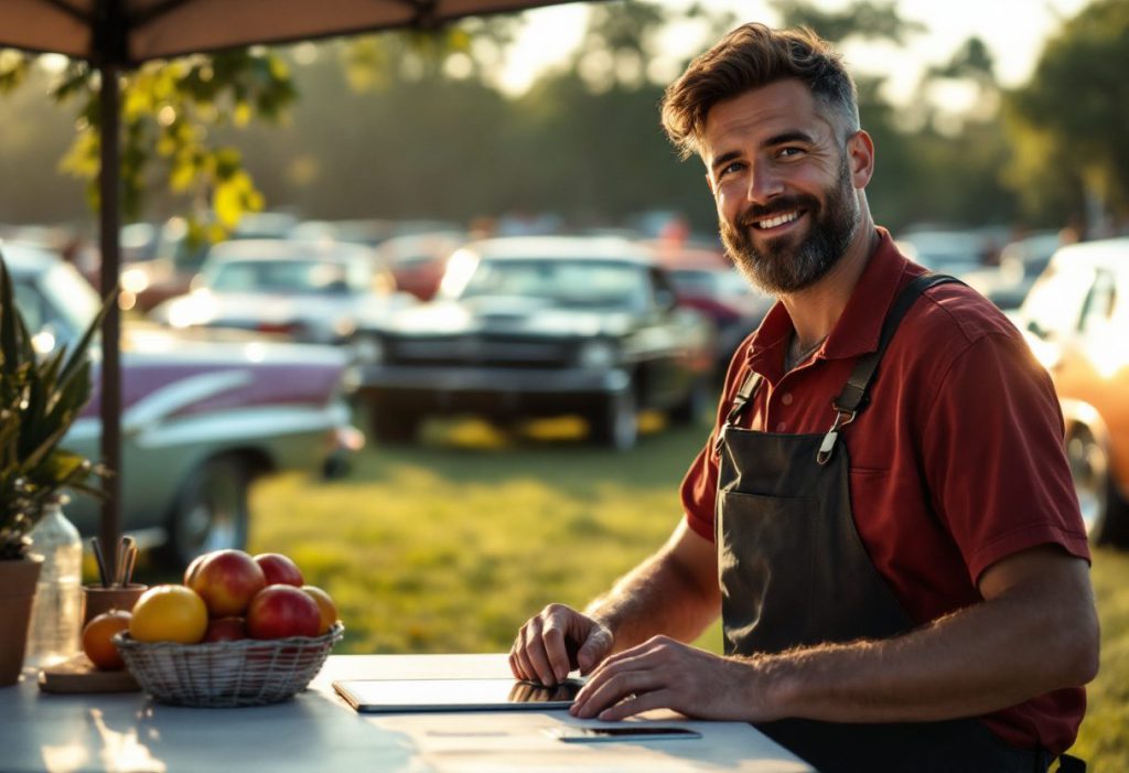 A volunteer at a car show entrance table with a tablet in morning light
