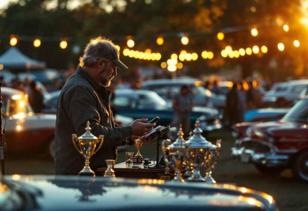 A car show organizer at a PA stand at golden hour with trophies on a table