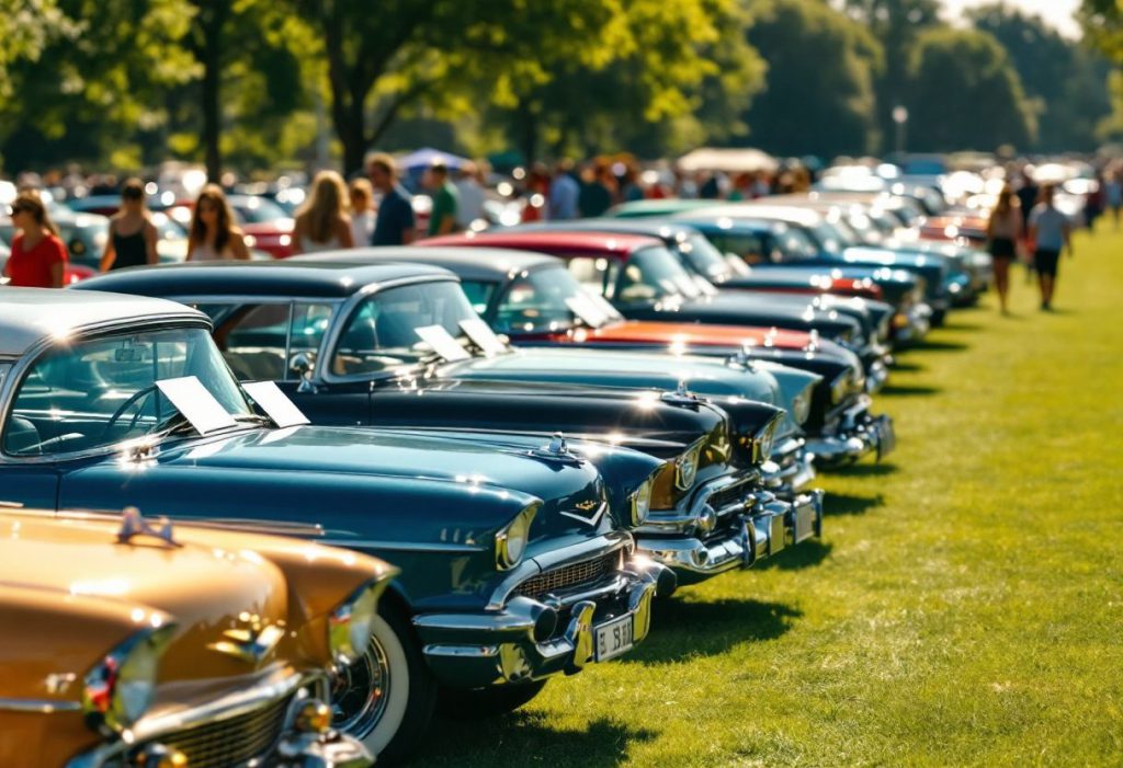 Rows of classic cars with windshield cards at a summer car show