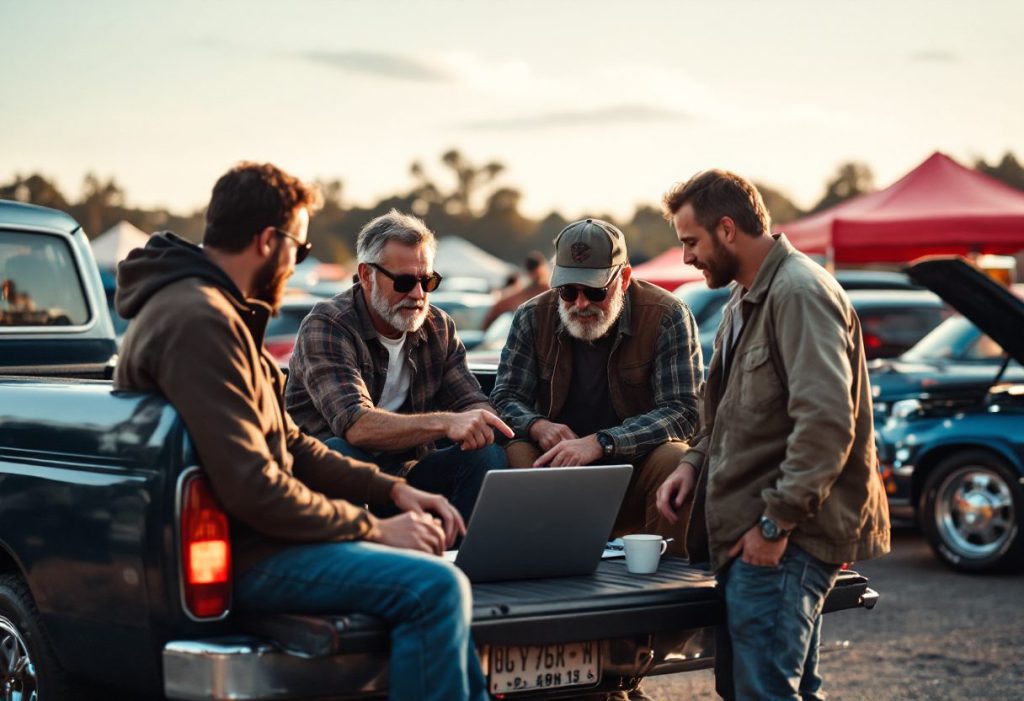 Car club members gathered around a laptop on a truck tailgate at a show field