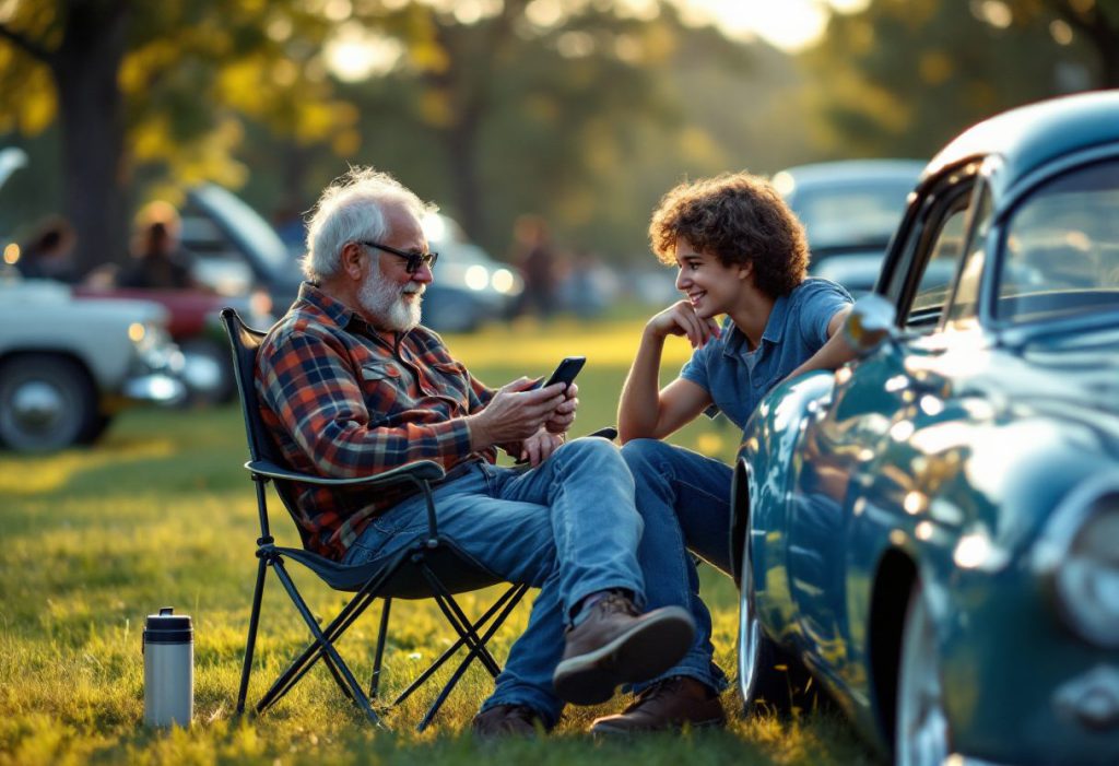 Two club members looking at a phone together beside a classic car before the show opens