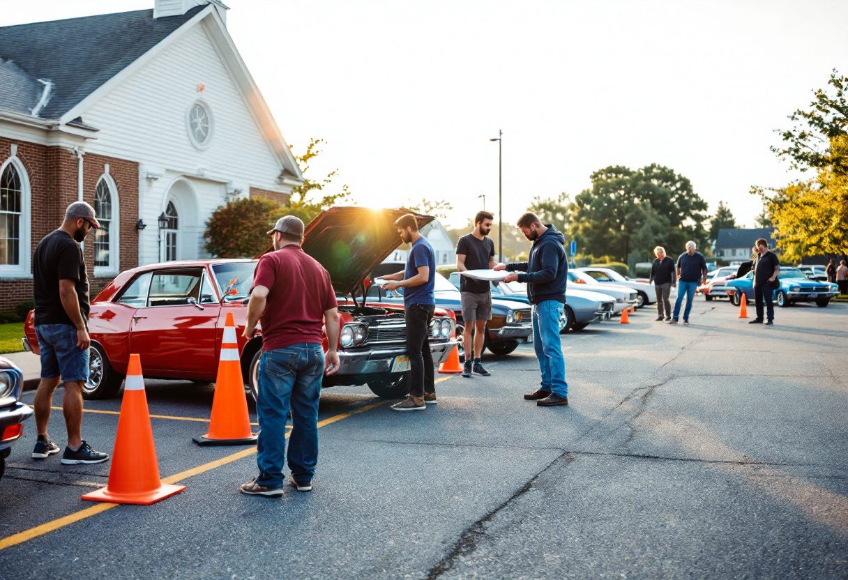 Photo - volunteers setting up a church parking lot car show