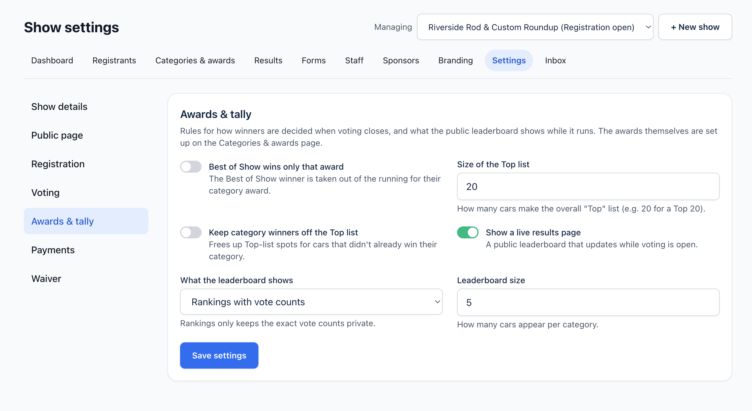 Screenshot - awards setup with custom categories