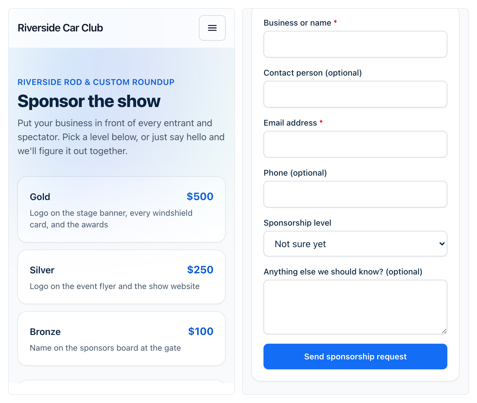 Screenshot - public sponsor page with tiers and logos
