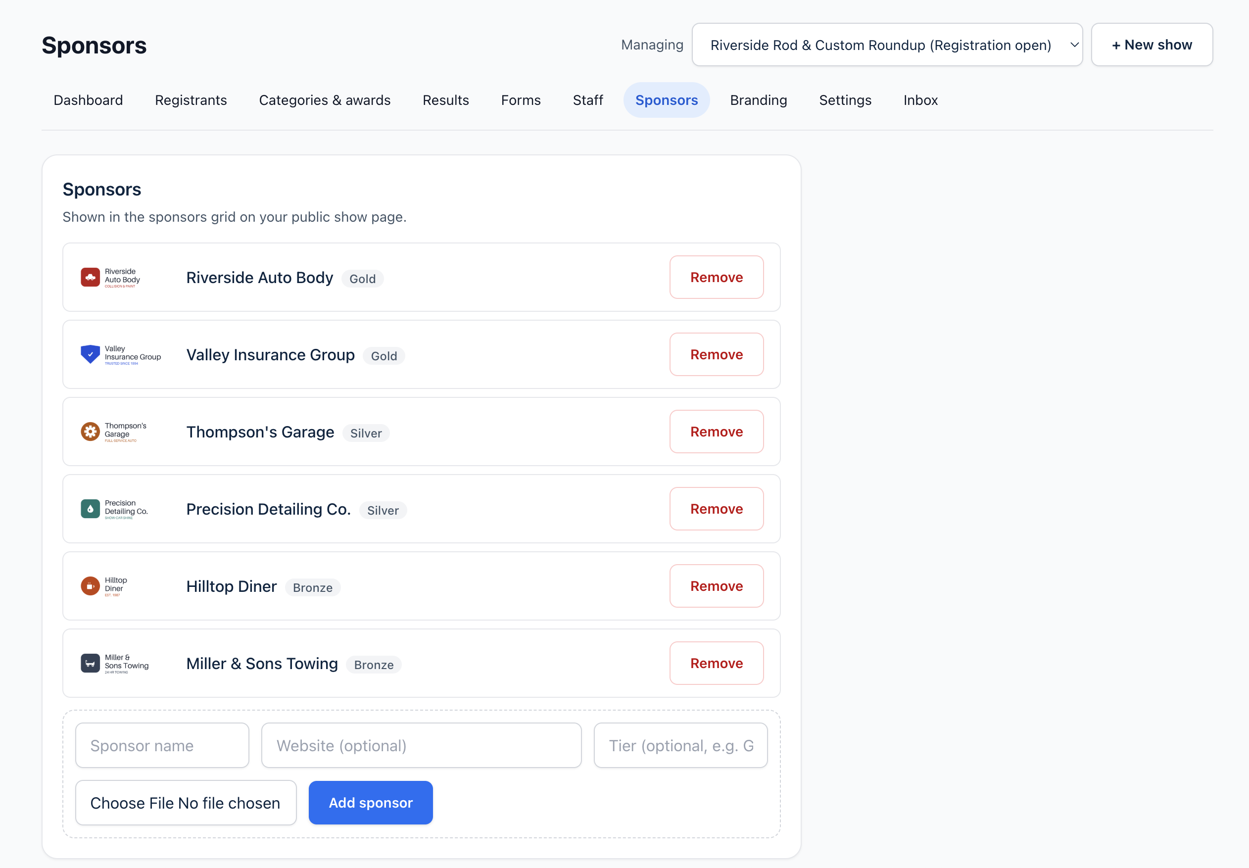 Screenshot - public sponsor page with tiers and logos