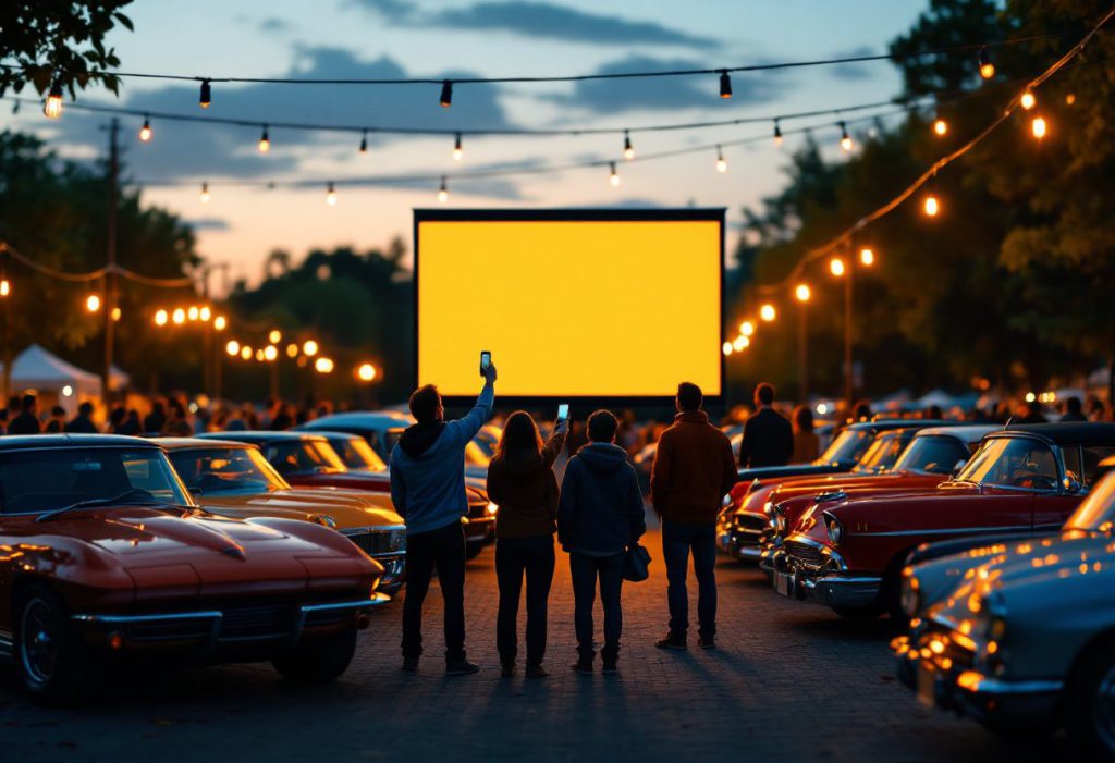 A crowd at a car show gathered around a large leaderboard screen at dusk
