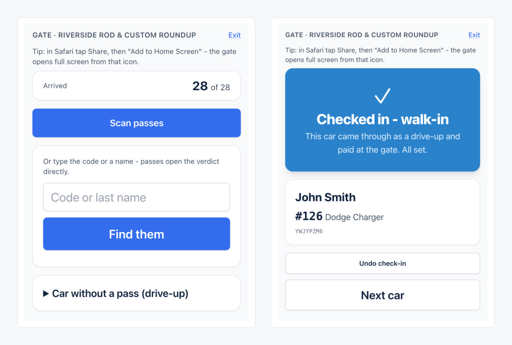 Gate Mode on a phone: the scan screen and a full-screen check-in verdict