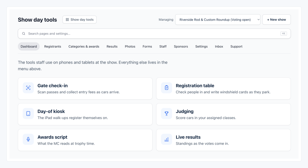 The show day tools page listing gate check-in, registration table, kiosk, judging, awards script, and live results