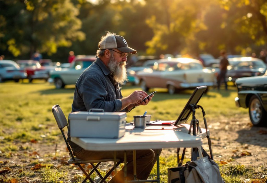 A club treasurer setting up payments on a tablet at a car show