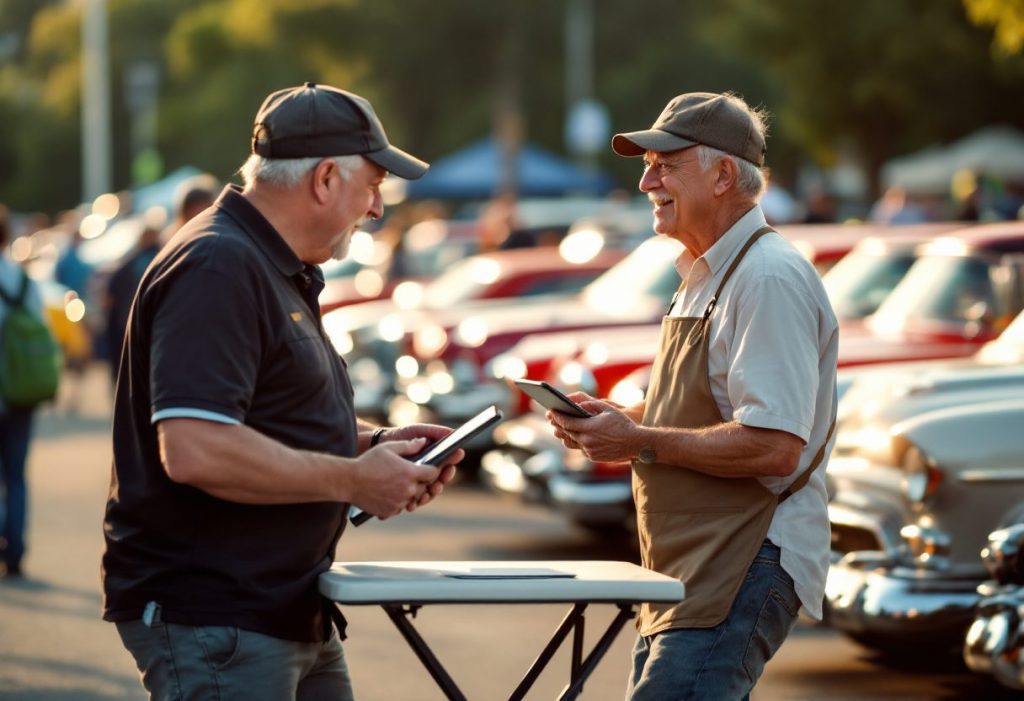A volunteer taking a ballot from a show visitor at a table with a tablet