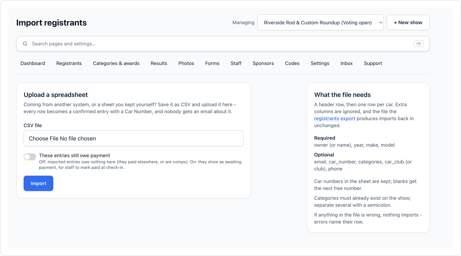 Screenshot - the CSV import screen and what the file needs