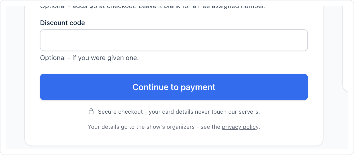 Entering a discount code on the car show registration form
