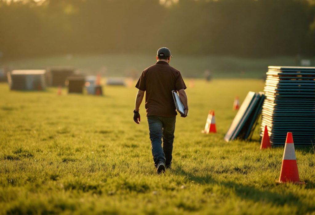 An organizer walking an empty show field before setup