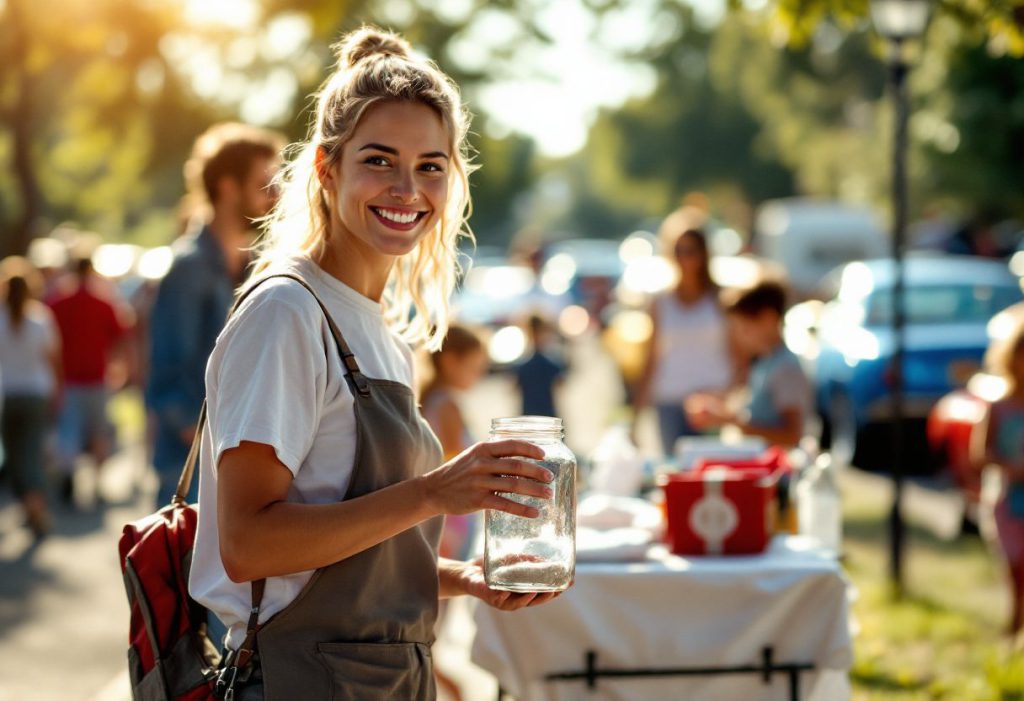 A volunteer with a donation jar at a charity car show