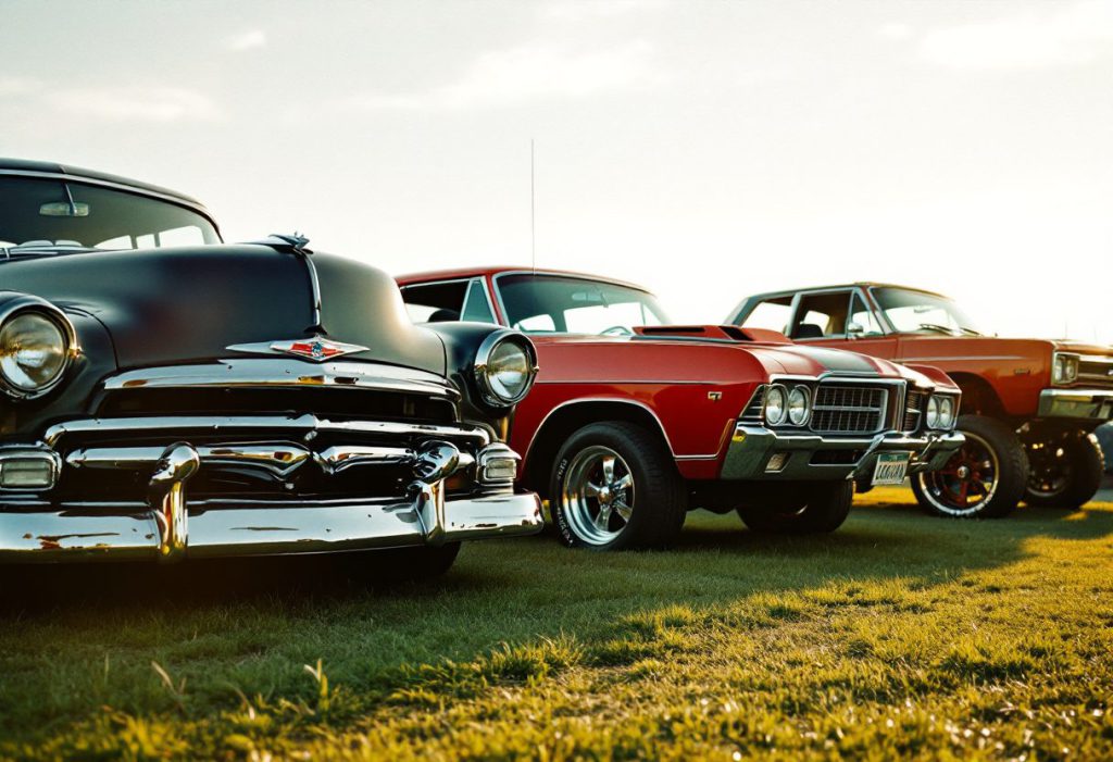 A classic, a muscle car and a lifted truck parked side by side