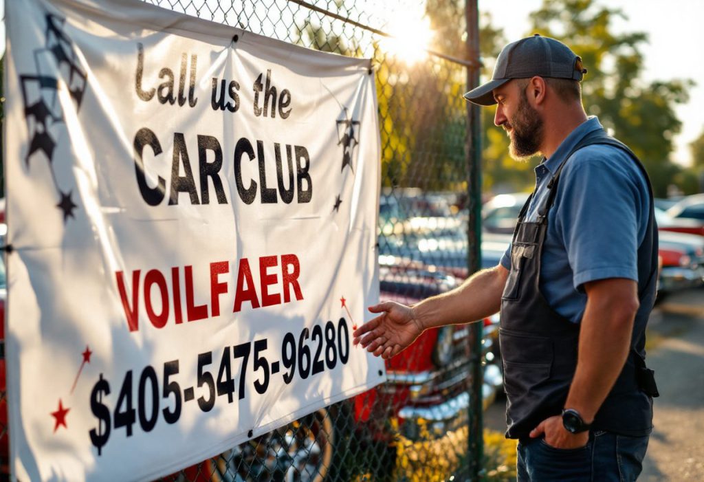 A business owner and a club volunteer beside a sponsor banner
