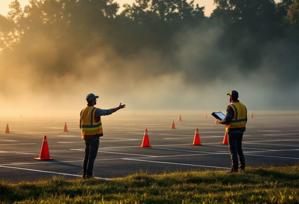 Organizers setting up a car show field