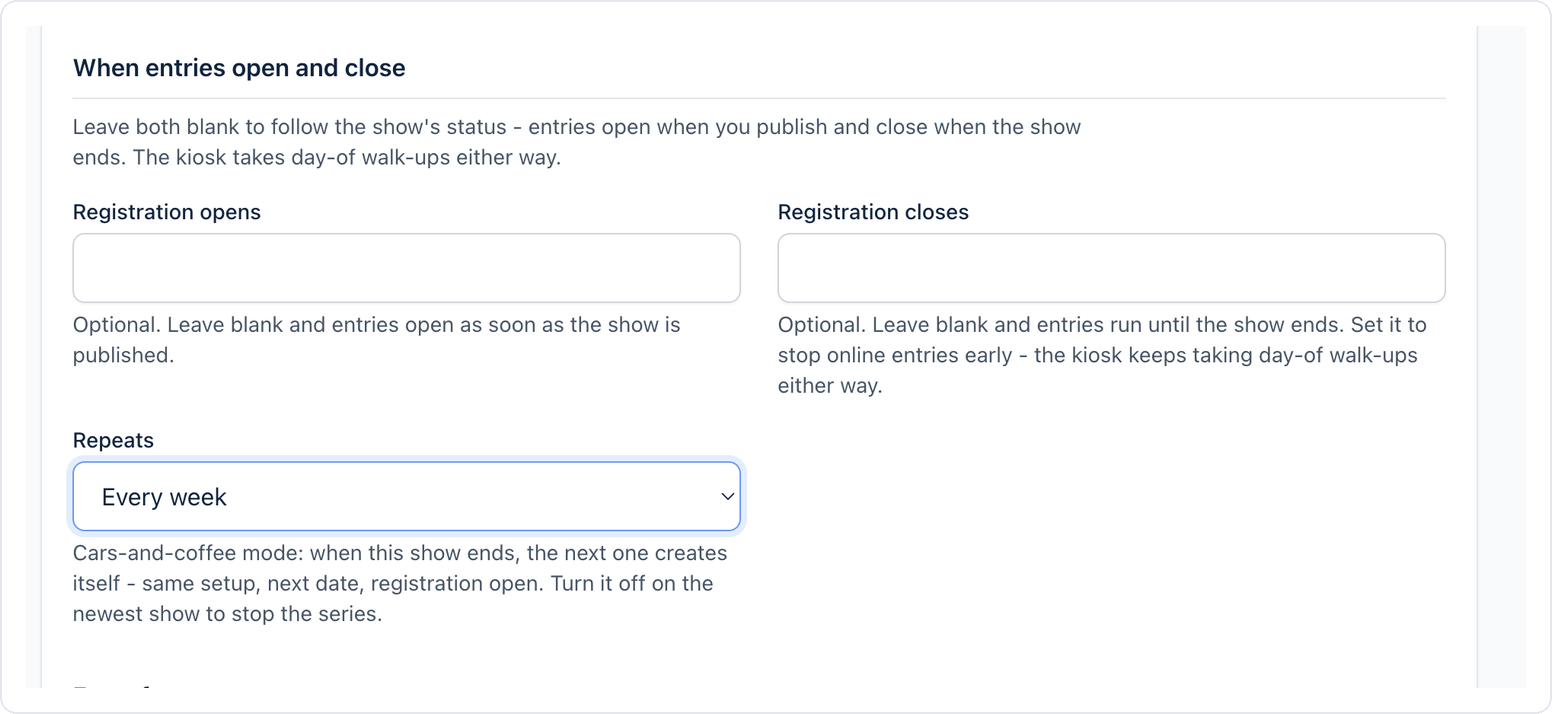 The repeat setting in show settings, scheduling a show to recur weekly
