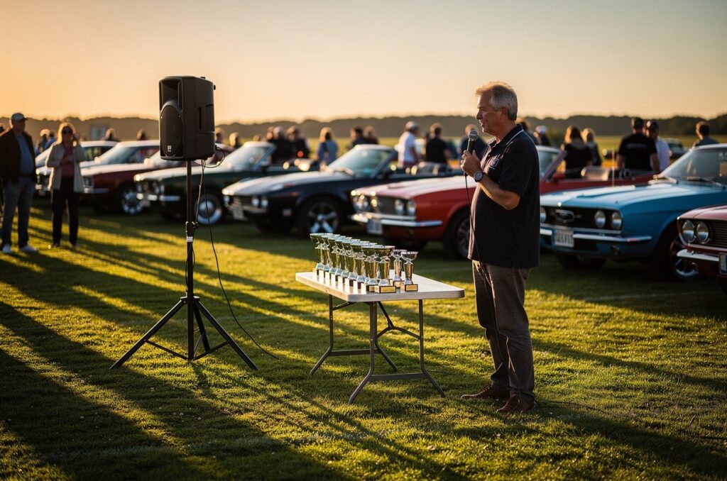 Trophies lined up on a table beside the portable speaker as the ceremony starts