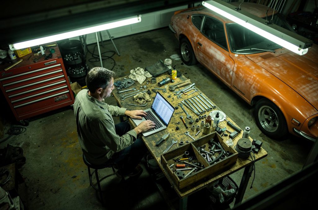 A club member writing a page for the show's website at a kitchen table
