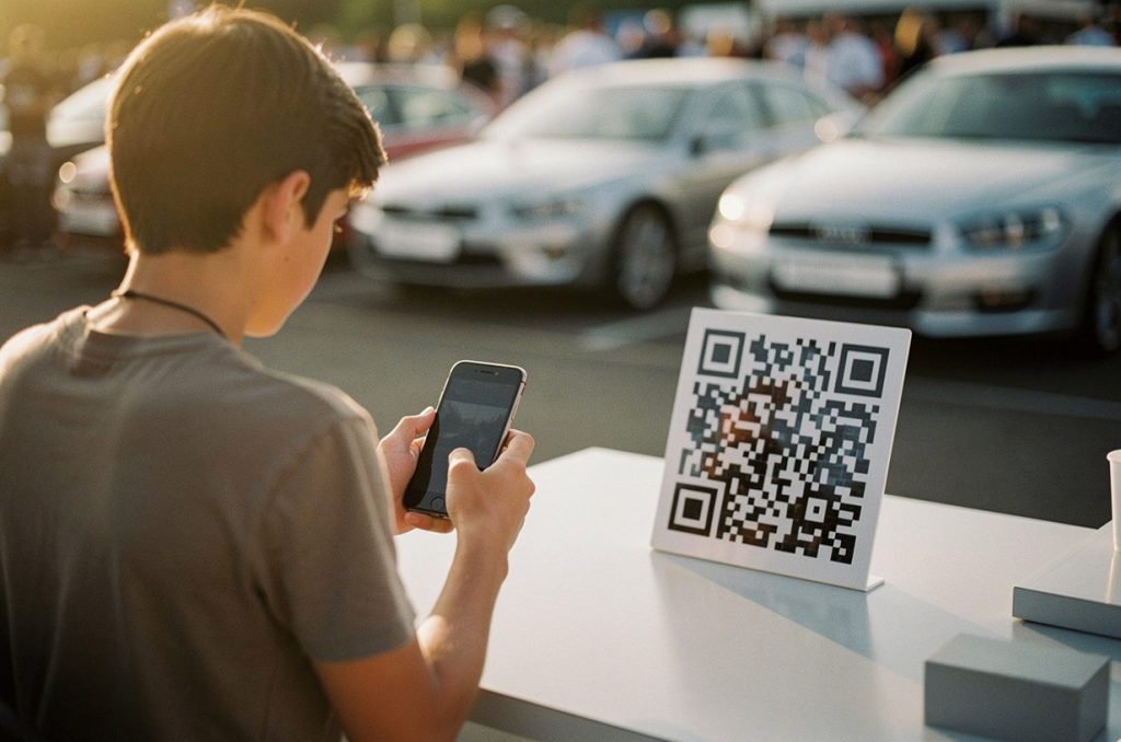A volunteer scanning a QR code on a phone at a car show gate in morning light