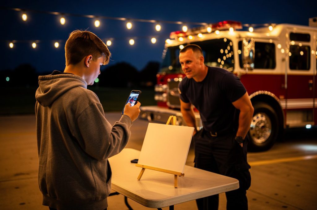 A spectator scanning a code at a club's tent table at a sunny car show