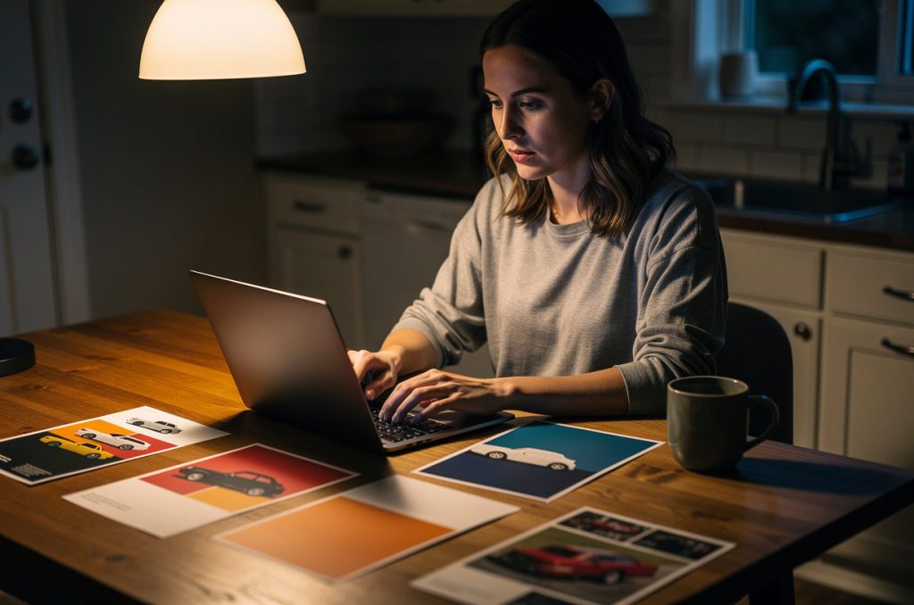 An organizer typing a reply on a laptop at a kitchen table with car show flyers nearby