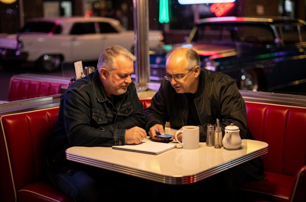 Two club members working out the show-day count in a diner booth
