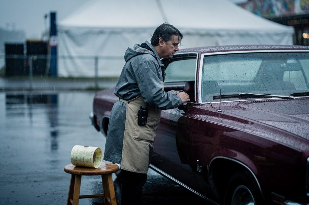 A gate volunteer in a cash apron taking an entry at a car window on a rainy show morning