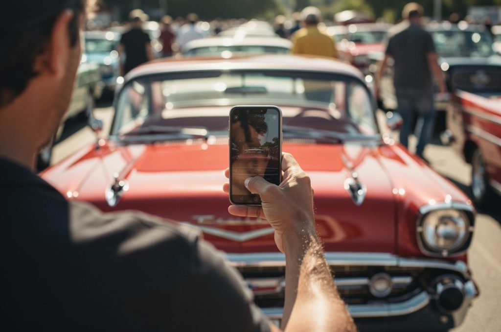 A spectator voting by phone at a classic car's windshield during a packed car show