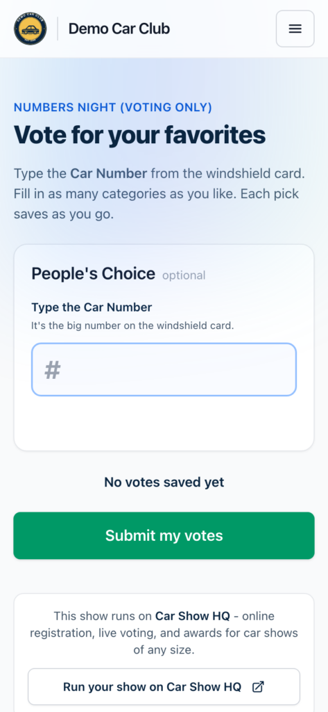 The ballot on a phone for a voting-only show: one Car Number box under the category name, and a Submit my votes button
