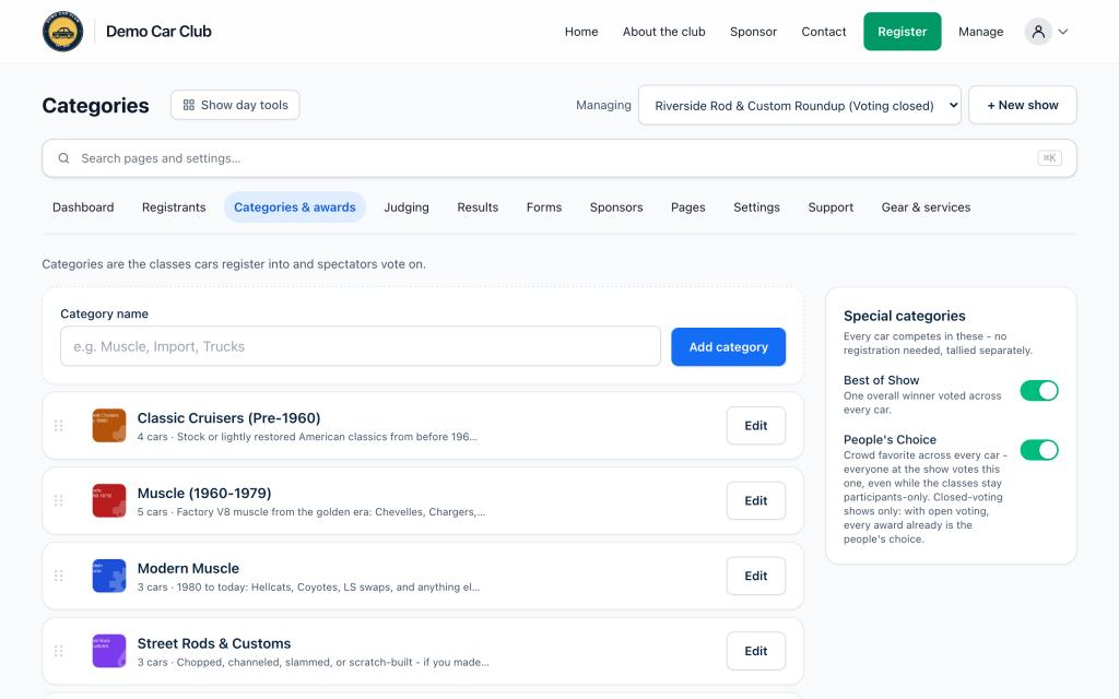 The Categories and awards page: a list of categories with descriptions, and the hand-picked awards section