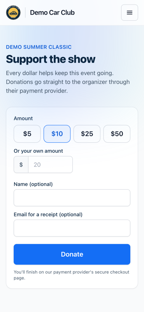The donate page on a phone: the show's message, four preset amounts, and a custom amount box
