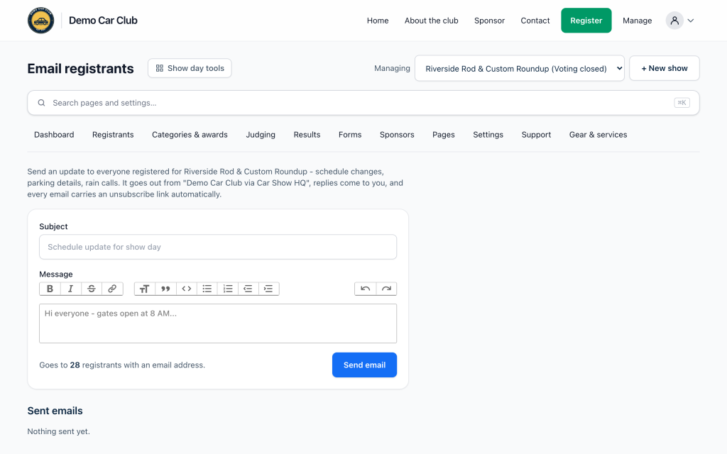 The Email registrants page: subject, message editor, and the recipient count above the Send button