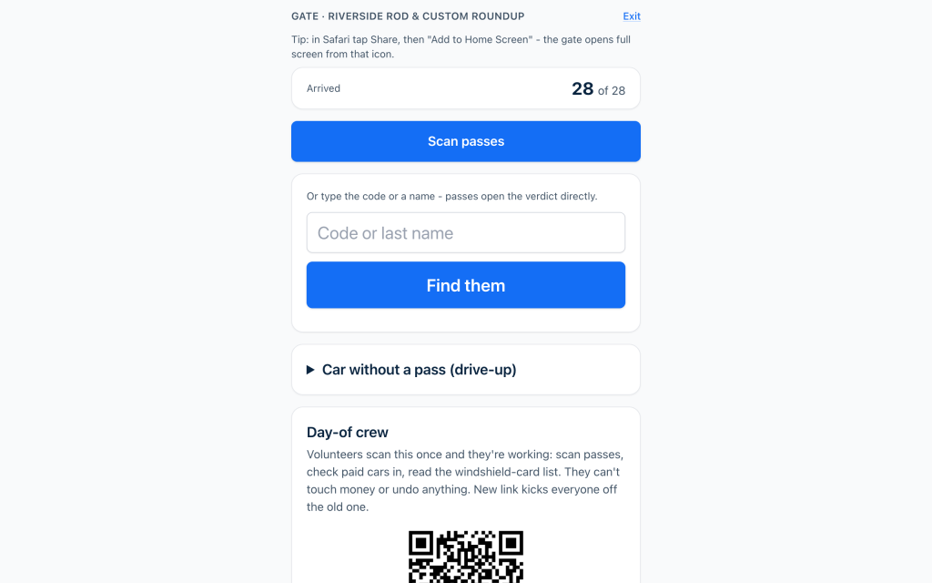 The Gate page in the admin, ready to scan a gate pass, with the arrived counter