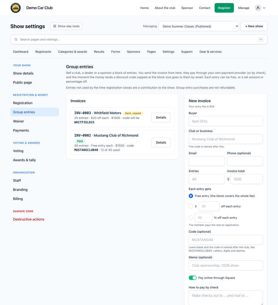 The Group entries page: a paid invoice with its code and entries used, and the New invoice form