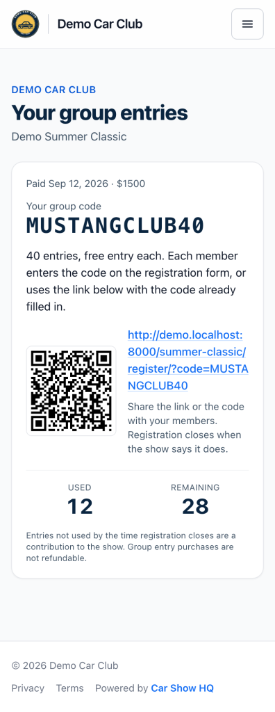 The buyer's page after paying: the group code, a QR code and registration link, and entries used and remaining