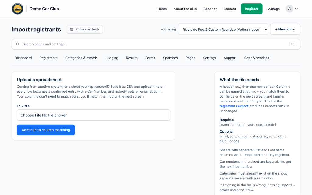 The Import registrants page: a CSV file picker, a checkbox for entries that still owe payment, and a sidebar listing the columns the file needs