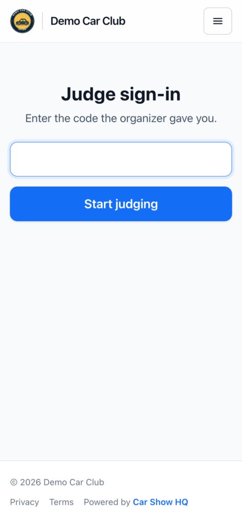 The judge sign-in page on a phone asking for the judge code