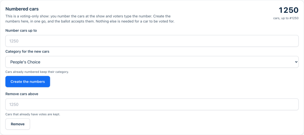 The Numbered cars card on the Registrants page: the count so far, a box for the highest number, a category picker, and the Create the numbers button