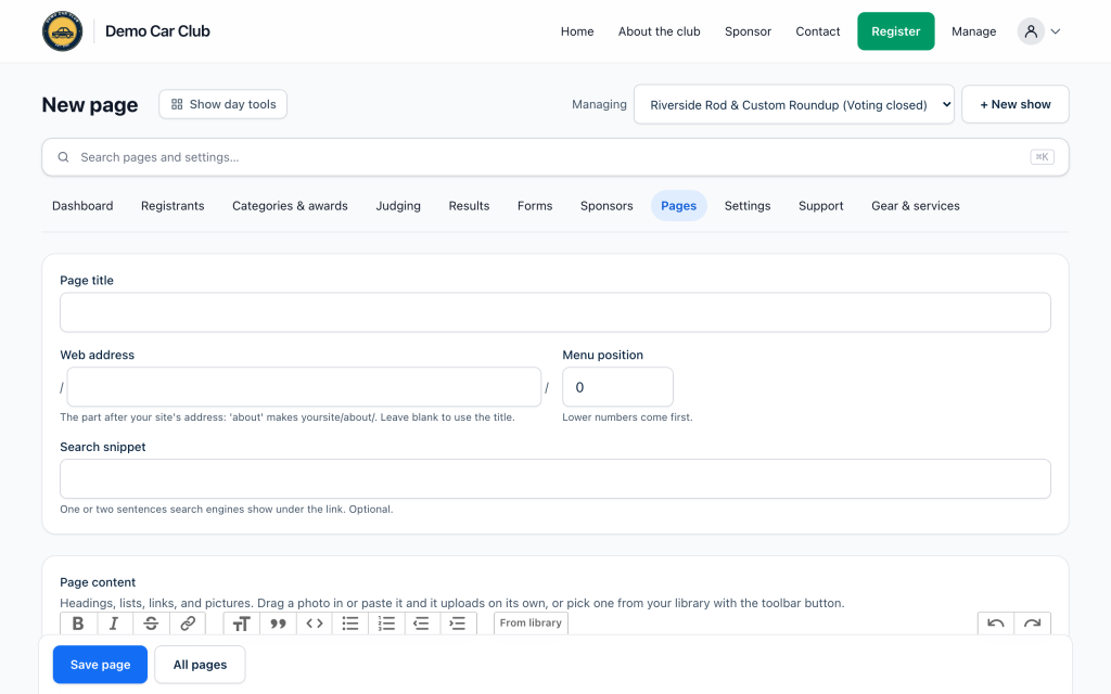 The New page editor with title, address, and the rich text body