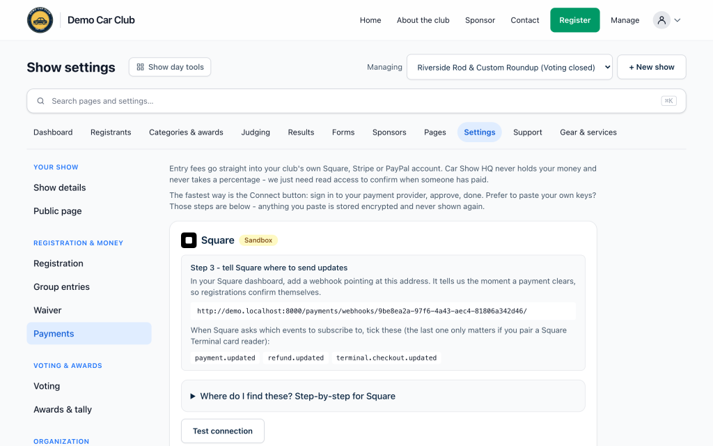 The Payments page listing the payment providers and their connection state