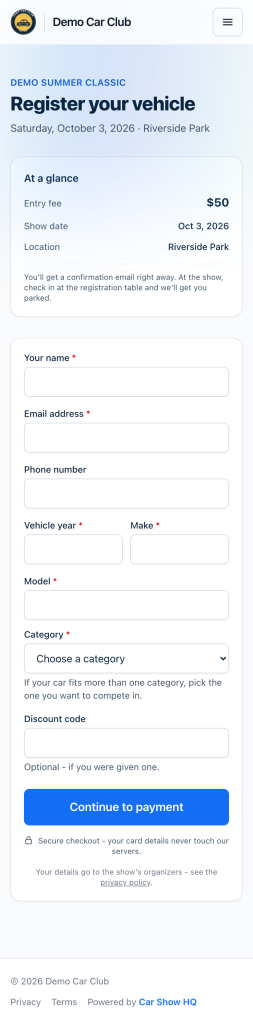 The public register page on a phone: the form on top, with the show date, location, and fee in a card
